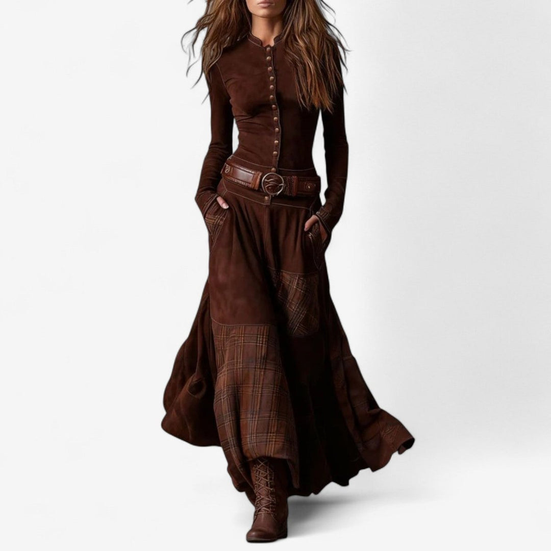 Women's Patchwork Maxi Long Sleeve Dress Button-Up Suede - Red