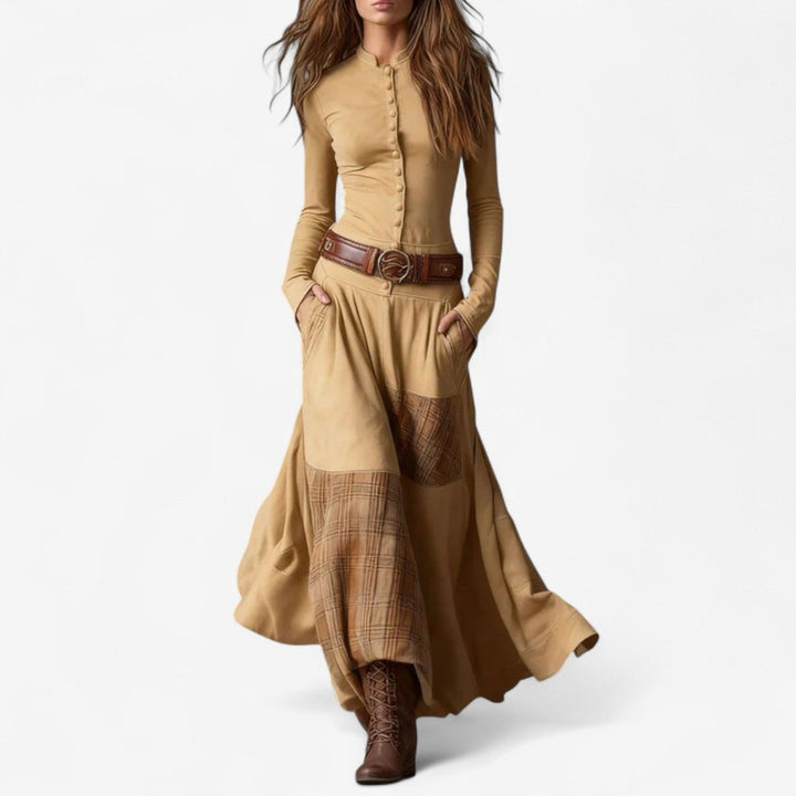 Women's Patchwork Maxi Long Sleeve Dress Button-Up Suede - Apricot