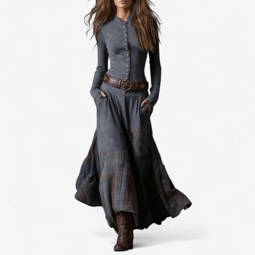 Women's Patchwork Maxi Long Sleeve Dress Button-Up Suede - Grey