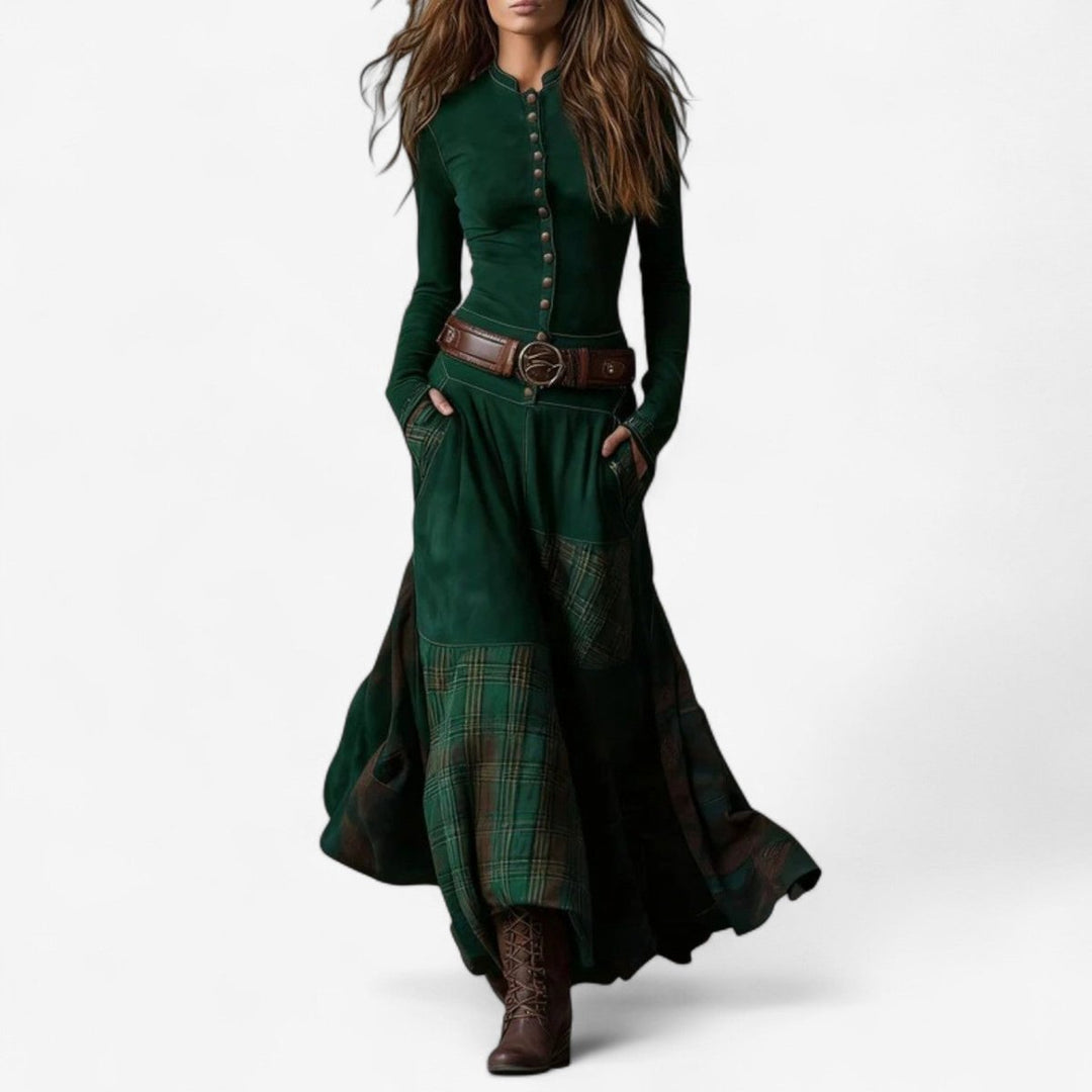 Women's Patchwork Maxi Long Sleeve Dress Button-Up Suede - Green