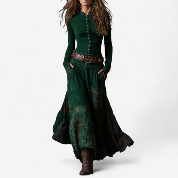 Women's Patchwork Maxi Long Sleeve Dress Button-Up Suede - Green