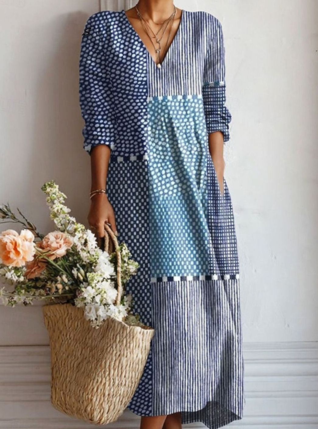 Women's Patchwork Print V-Neck Long-Sleeve Maxi Day Dress - Blue