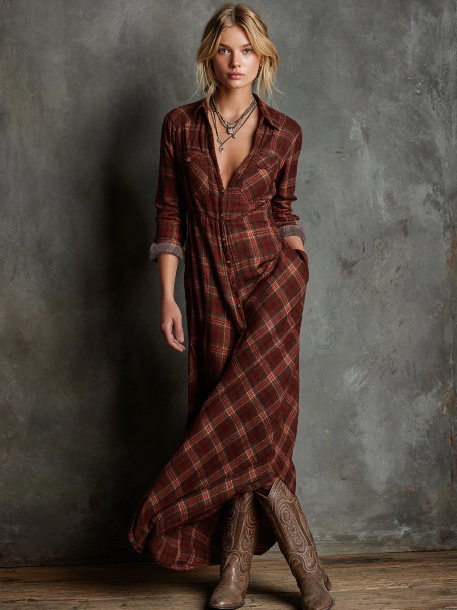 Women's Plaid Flannel Maxi Formal Dresses Long Shirtdress - Red