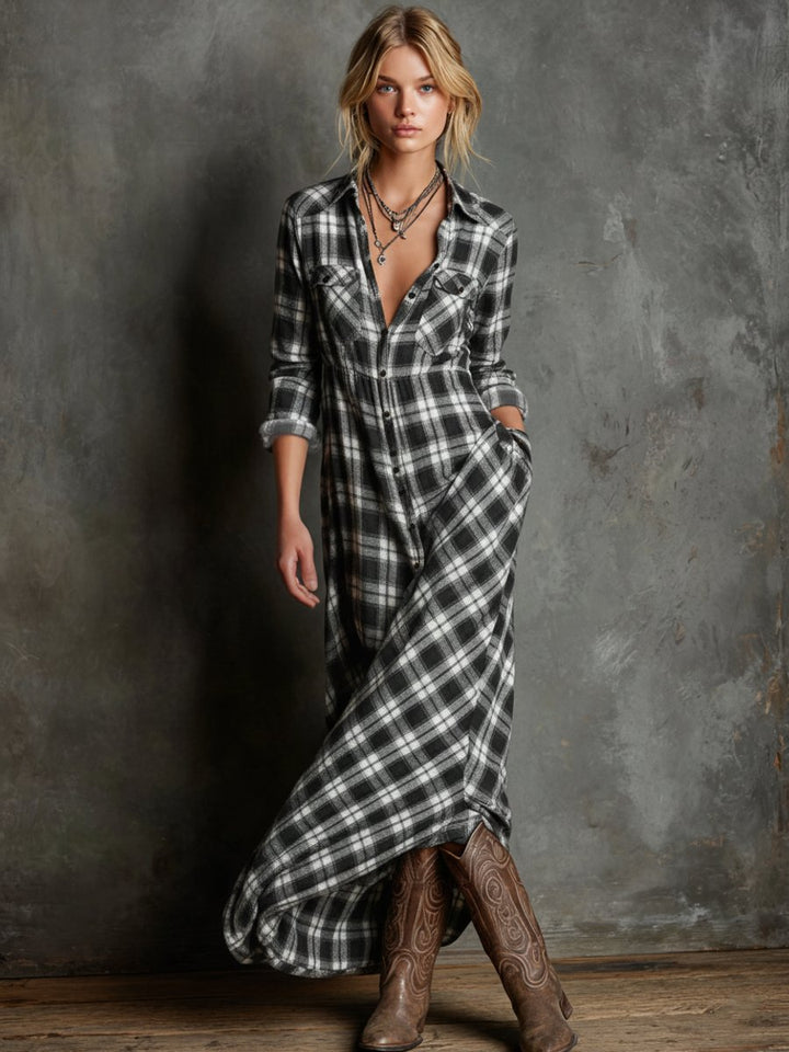 Women's Plaid Flannel Maxi Formal Dresses Long Shirtdress - Black