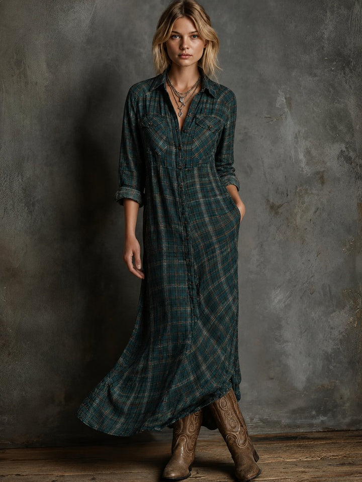Women's Plaid Flannel Maxi Formal Dresses Long Shirtdress - Green