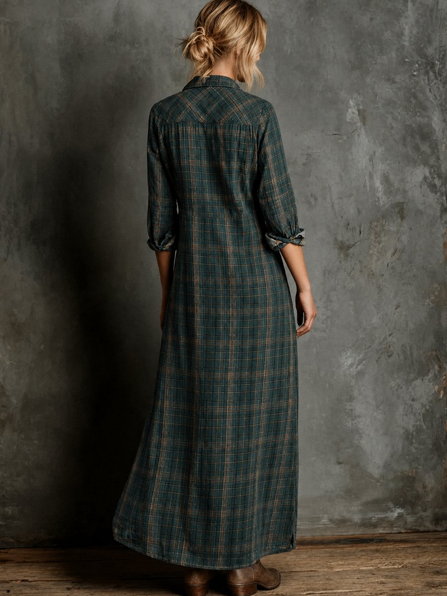Women's Plaid Flannel Maxi Formal Dresses Long Shirtdress