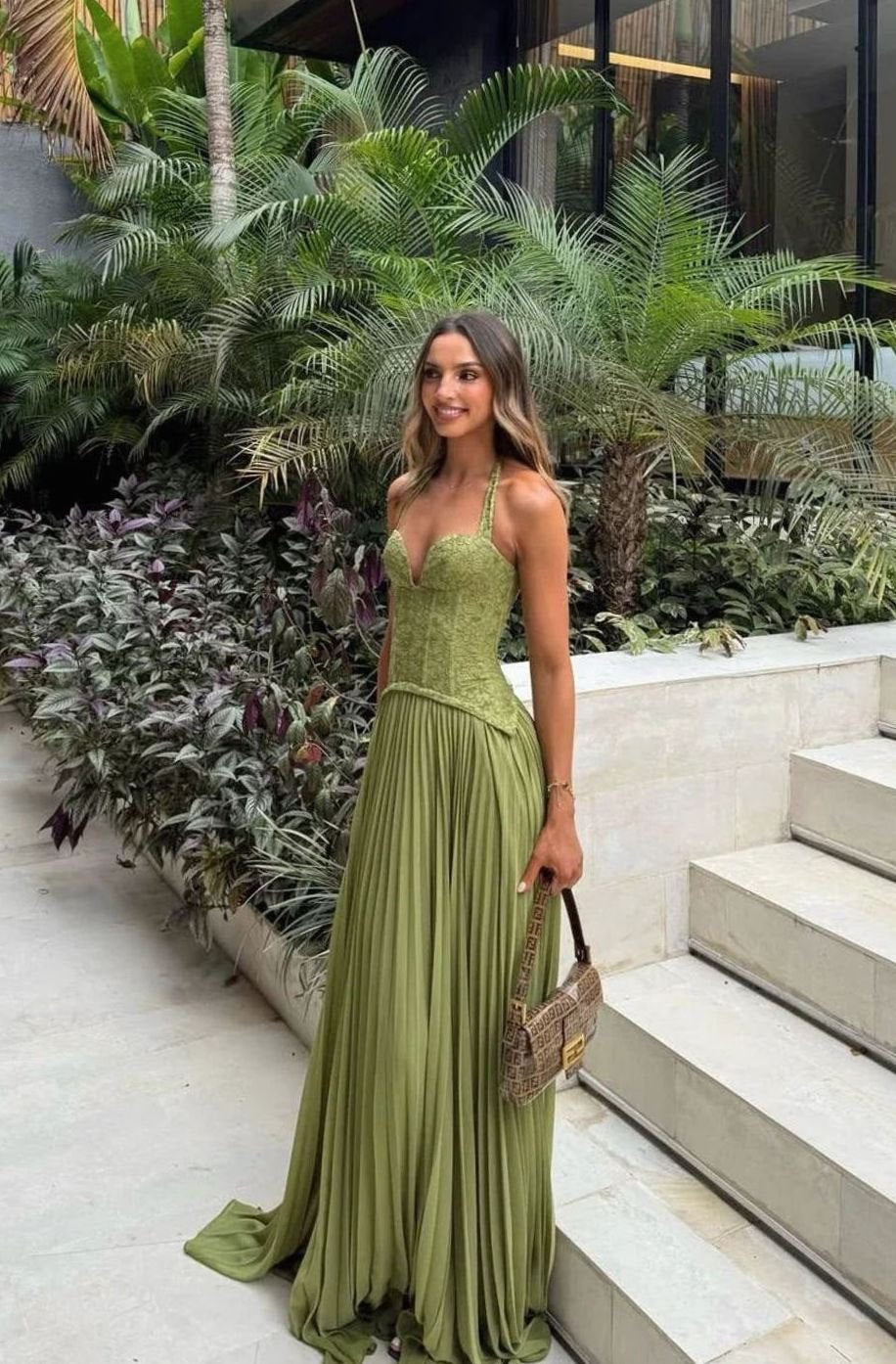 Women's Pleated Corset Maxi Dress Formal Halter Gown - Green