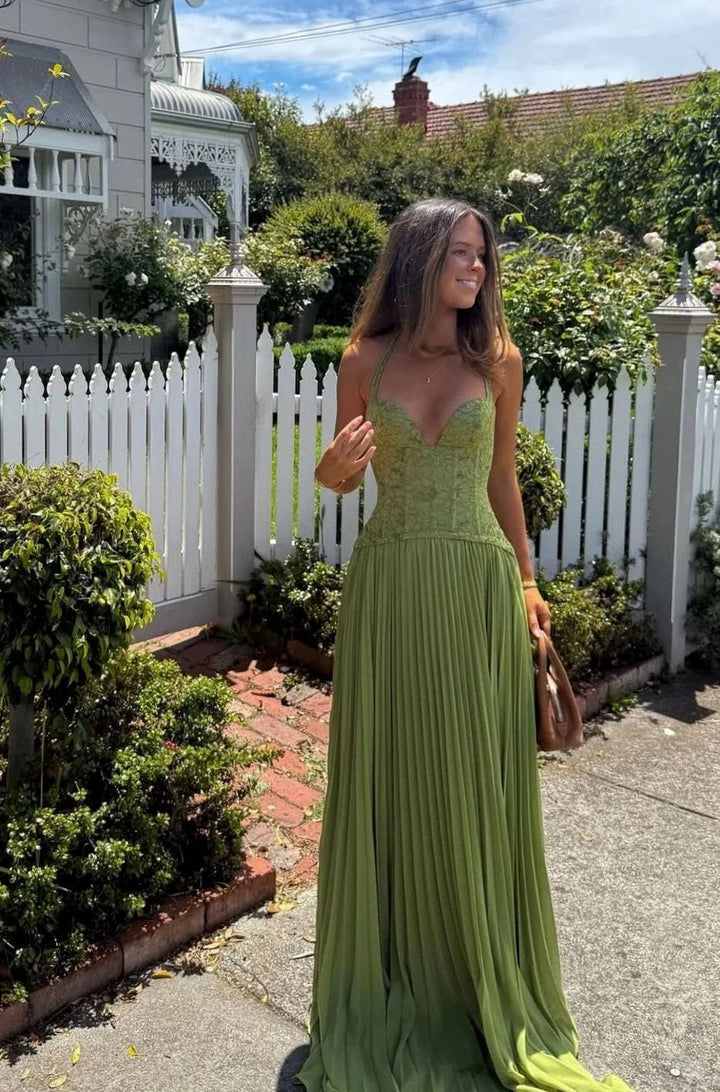 Women's Pleated Corset Maxi Dress Formal Halter Gown