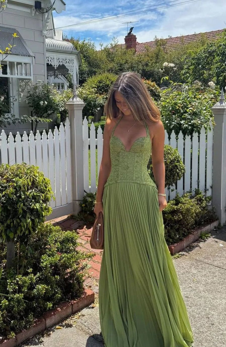 Women's Pleated Corset Maxi Dress Formal Halter Gown