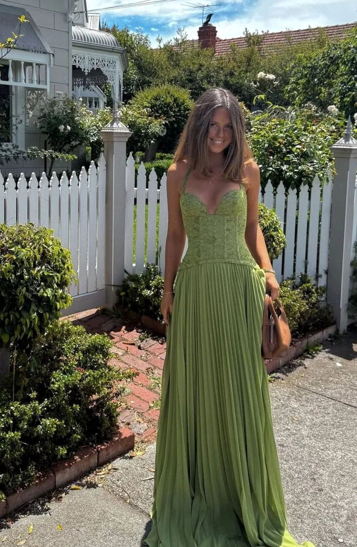 Women's Pleated Corset Maxi Dress Formal Halter Gown