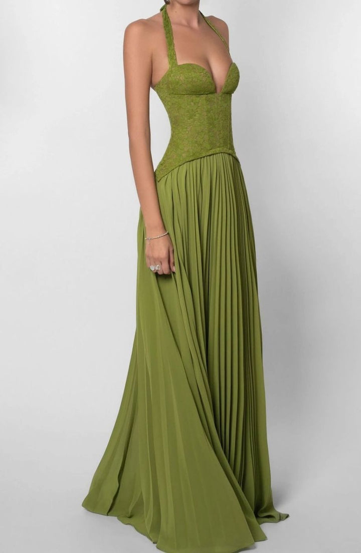 Women's Pleated Corset Maxi Dress Formal Halter Gown
