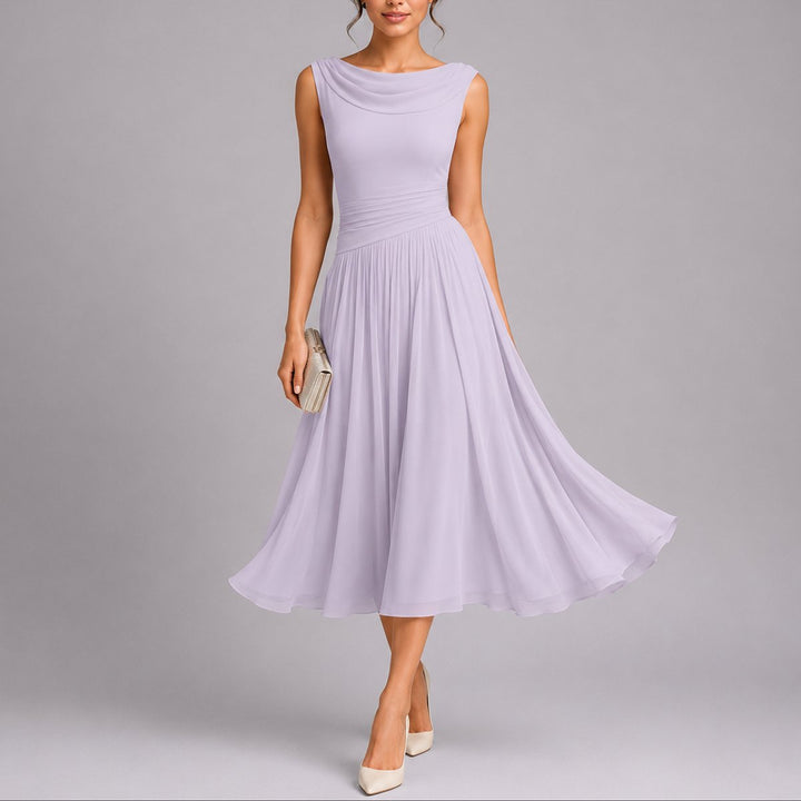 Women's Pleated Midi Fall Wedding Guest Dresses Draped Neckline - Purple