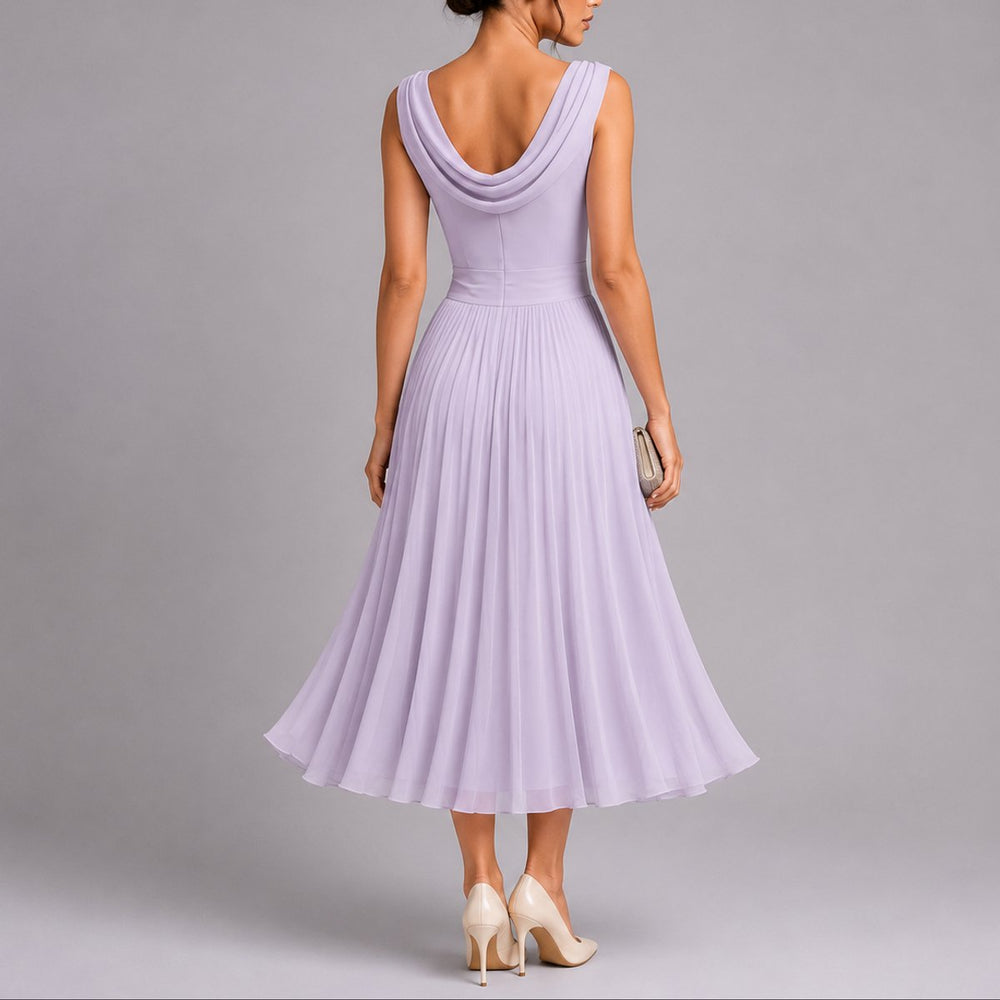 Women's Pleated Midi Fall Wedding Guest Dresses Draped Neckline