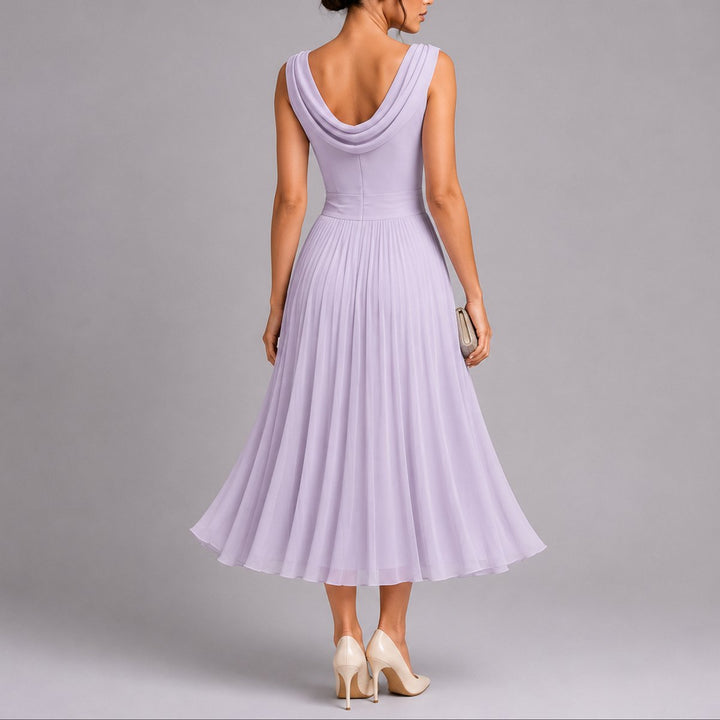 Women's Pleated Midi Fall Wedding Guest Dresses Draped Neckline