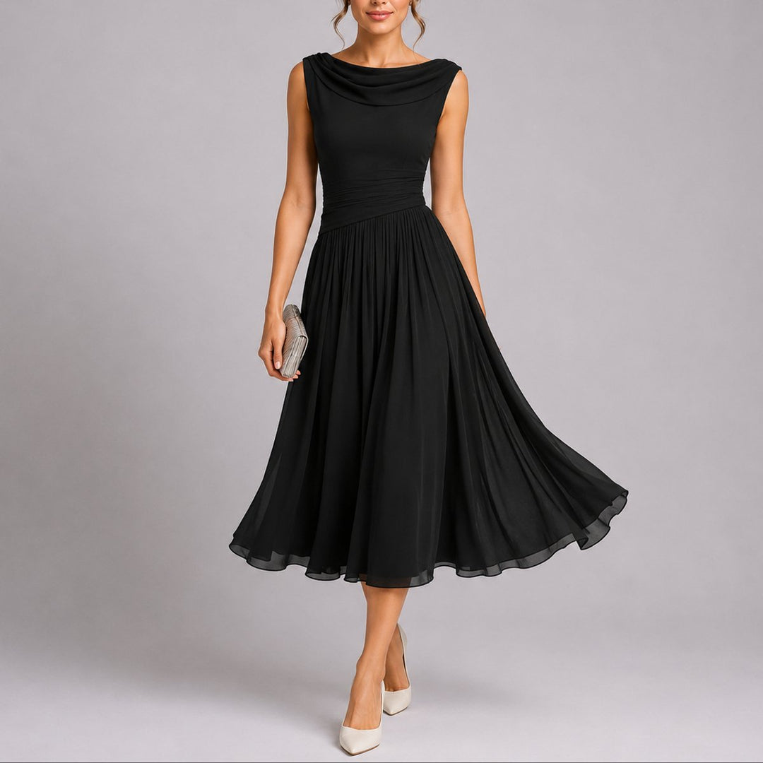 Women's Pleated Midi Fall Wedding Guest Dresses Draped Neckline - Black