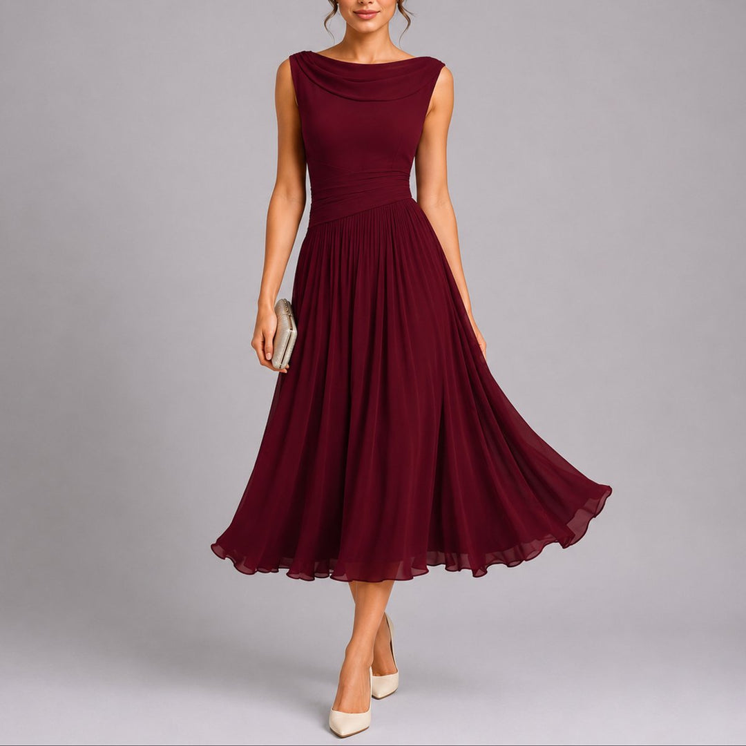 Women's Pleated Midi Fall Wedding Guest Dresses Draped Neckline - Red