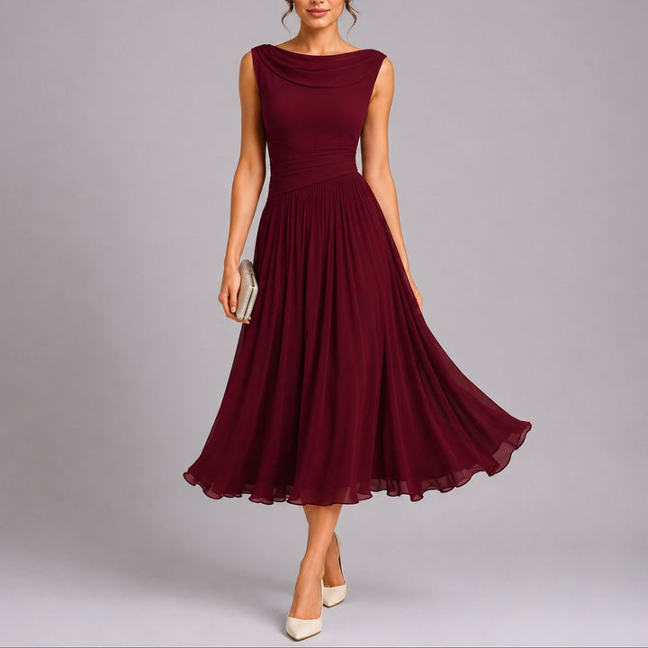 Women's Pleated Midi Fall Wedding Guest Dresses Draped Neckline - Red