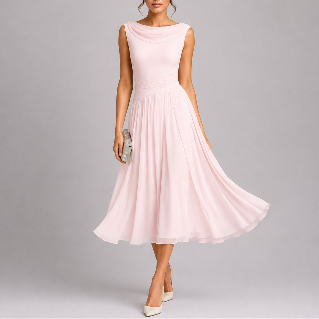 Women's Pleated Midi Fall Wedding Guest Dresses Draped Neckline - Pink