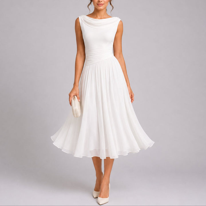 Women's Pleated Midi Fall Wedding Guest Dresses Draped Neckline - White