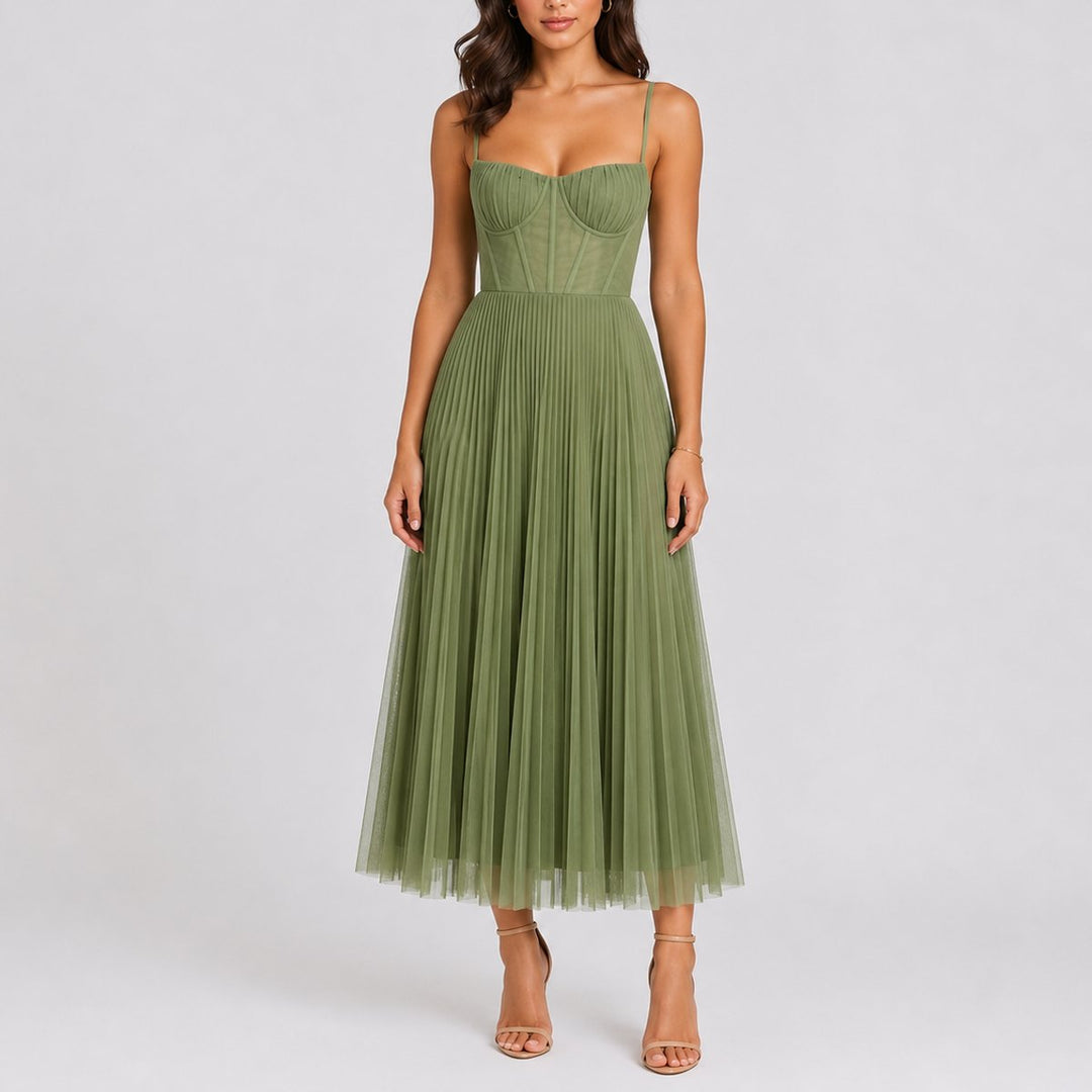 Women's Pleated Tulle Corset Fall Wedding Guest Dress Midi - Green