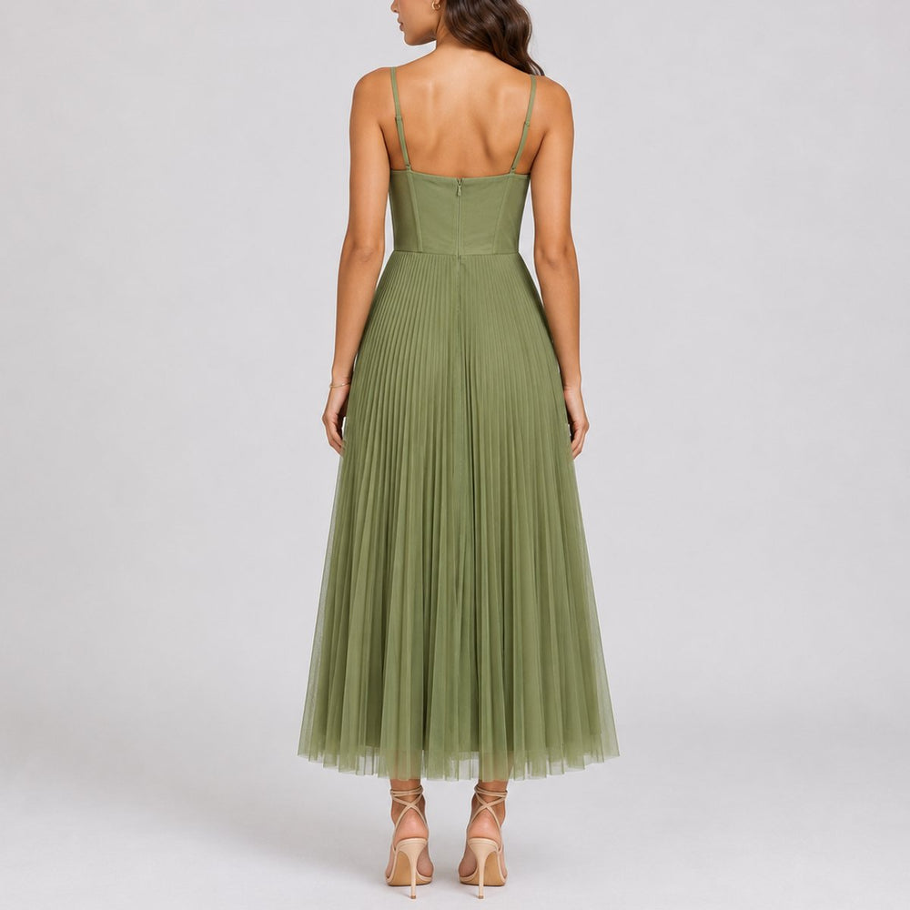 Women's Pleated Tulle Corset Fall Wedding Guest Dress Midi