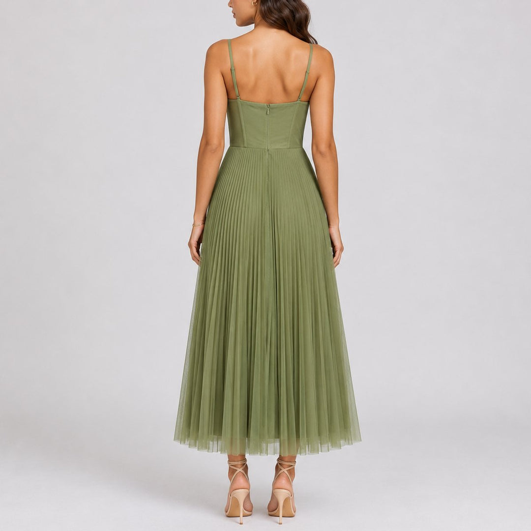 Women's Pleated Tulle Corset Fall Wedding Guest Dress Midi