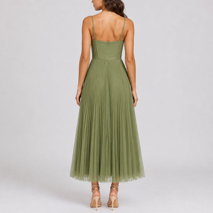 Women's Pleated Tulle Corset Fall Wedding Guest Dress Midi