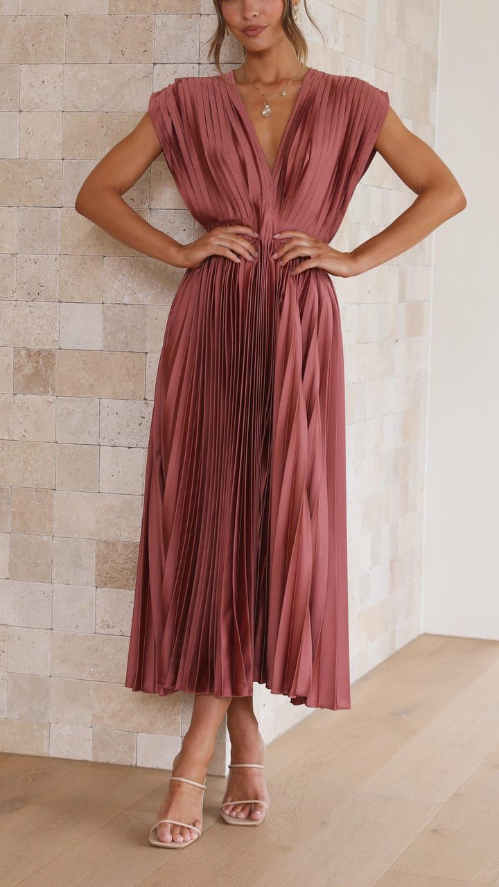 Jasmine | Women's Pleated V Neck Midi Wedding Guest Dress Luvy Boutique
