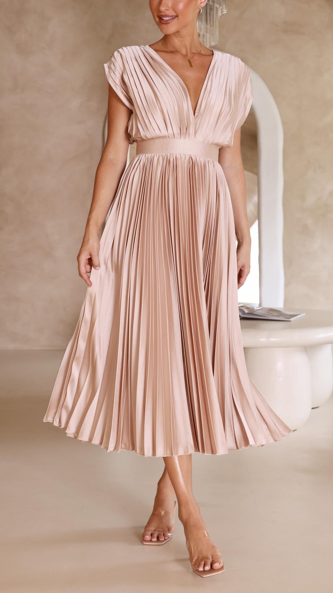 Jasmine | Women's Pleated V Neck Midi Wedding Guest Dress Luvy Boutique