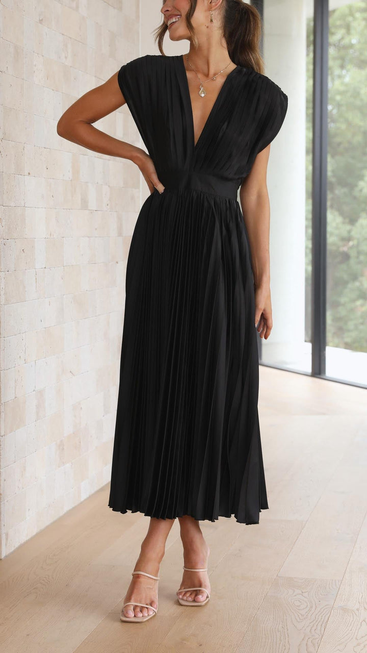 Jasmine | Women's Pleated V Neck Midi Wedding Guest Dress Luvy Boutique