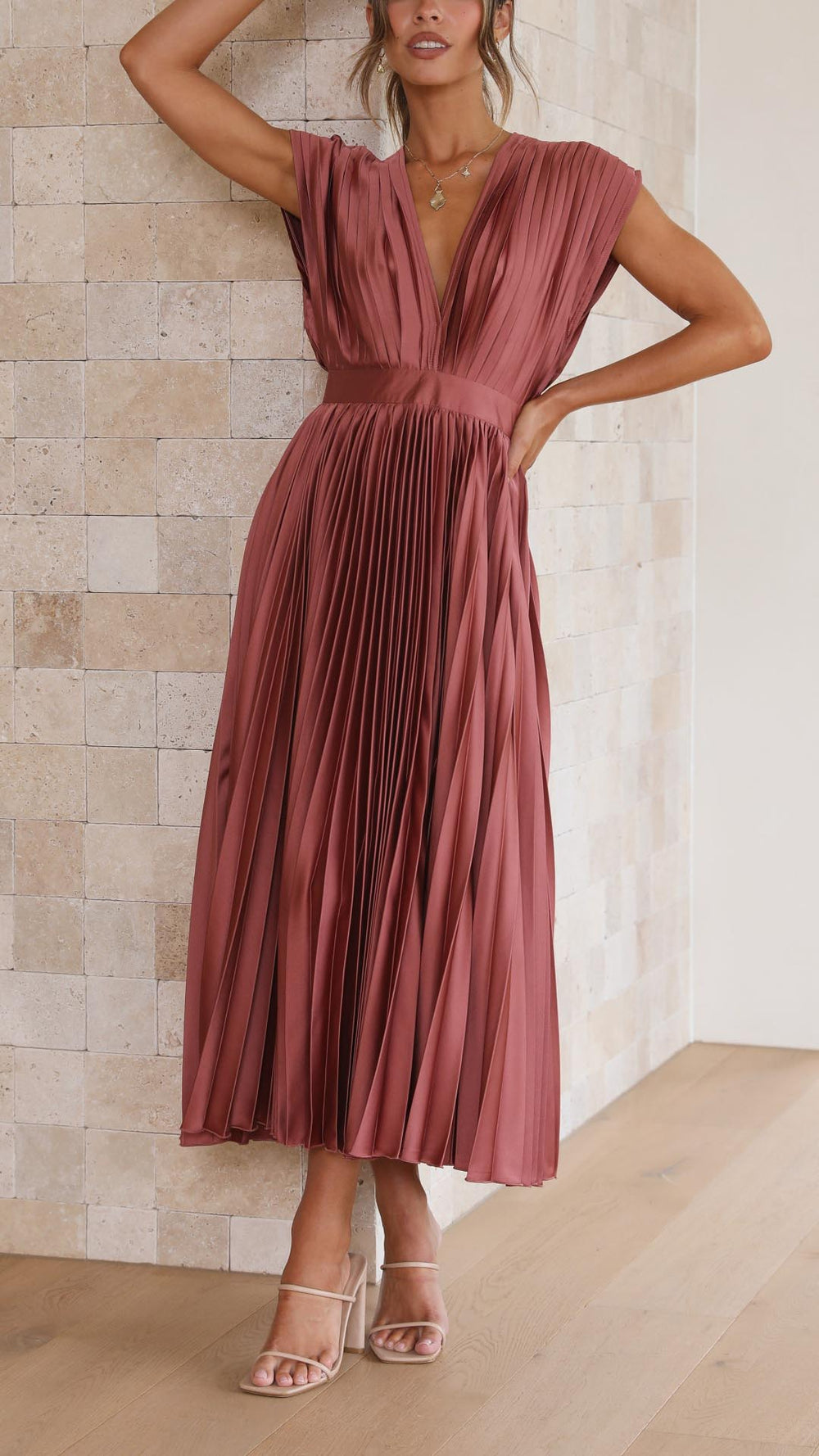 Jasmine | Women's Pleated V Neck Midi Wedding Guest Dress Luvy Boutique