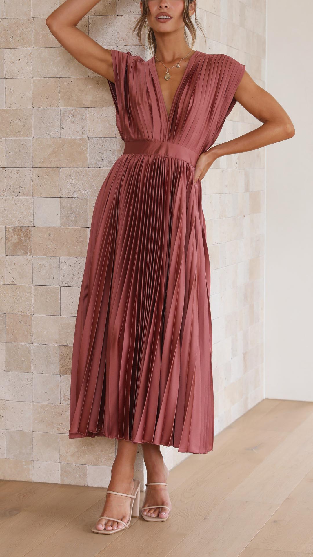 Jasmine | Women's Pleated V Neck Midi Wedding Guest Dress Luvy Boutique