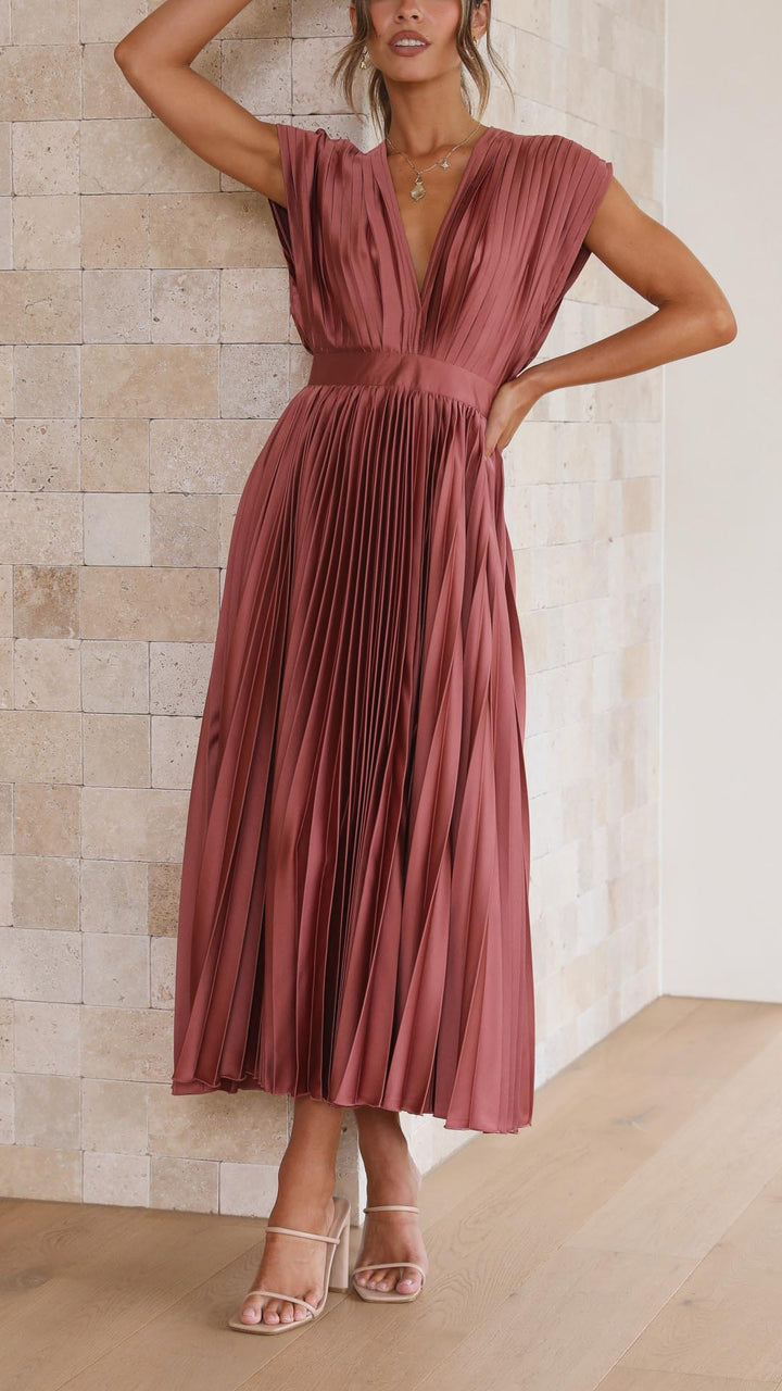 Jasmine | Women's Pleated V Neck Midi Wedding Guest Dress Luvy Boutique