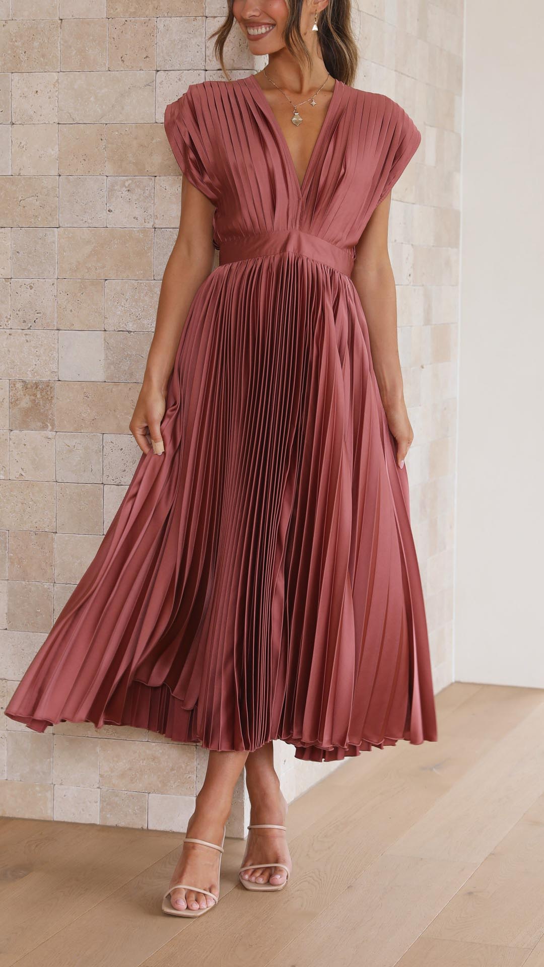 Jasmine | Women's Pleated V Neck Midi Wedding Guest Dress Luvy Boutique