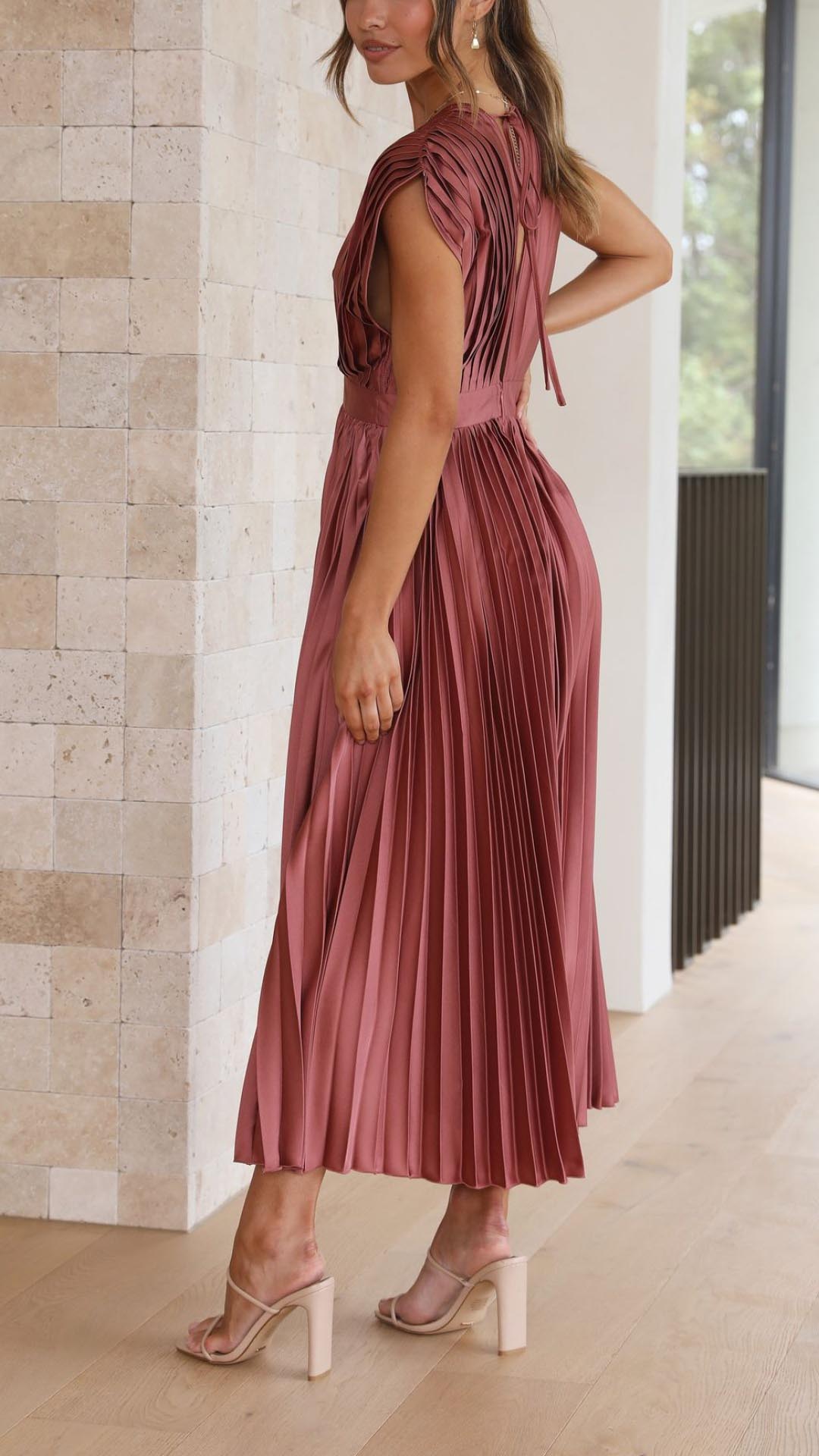 Jasmine | Women's Pleated V Neck Midi Wedding Guest Dress Luvy Boutique