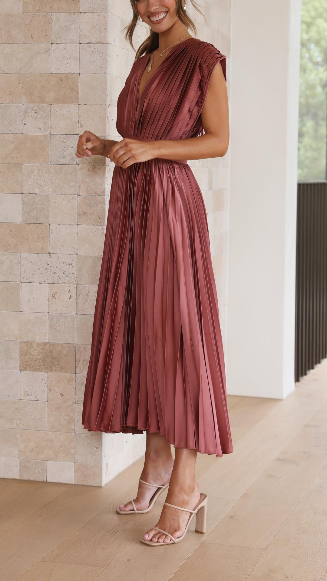 Jasmine | Women's Pleated V Neck Midi Wedding Guest Dress Luvy Boutique