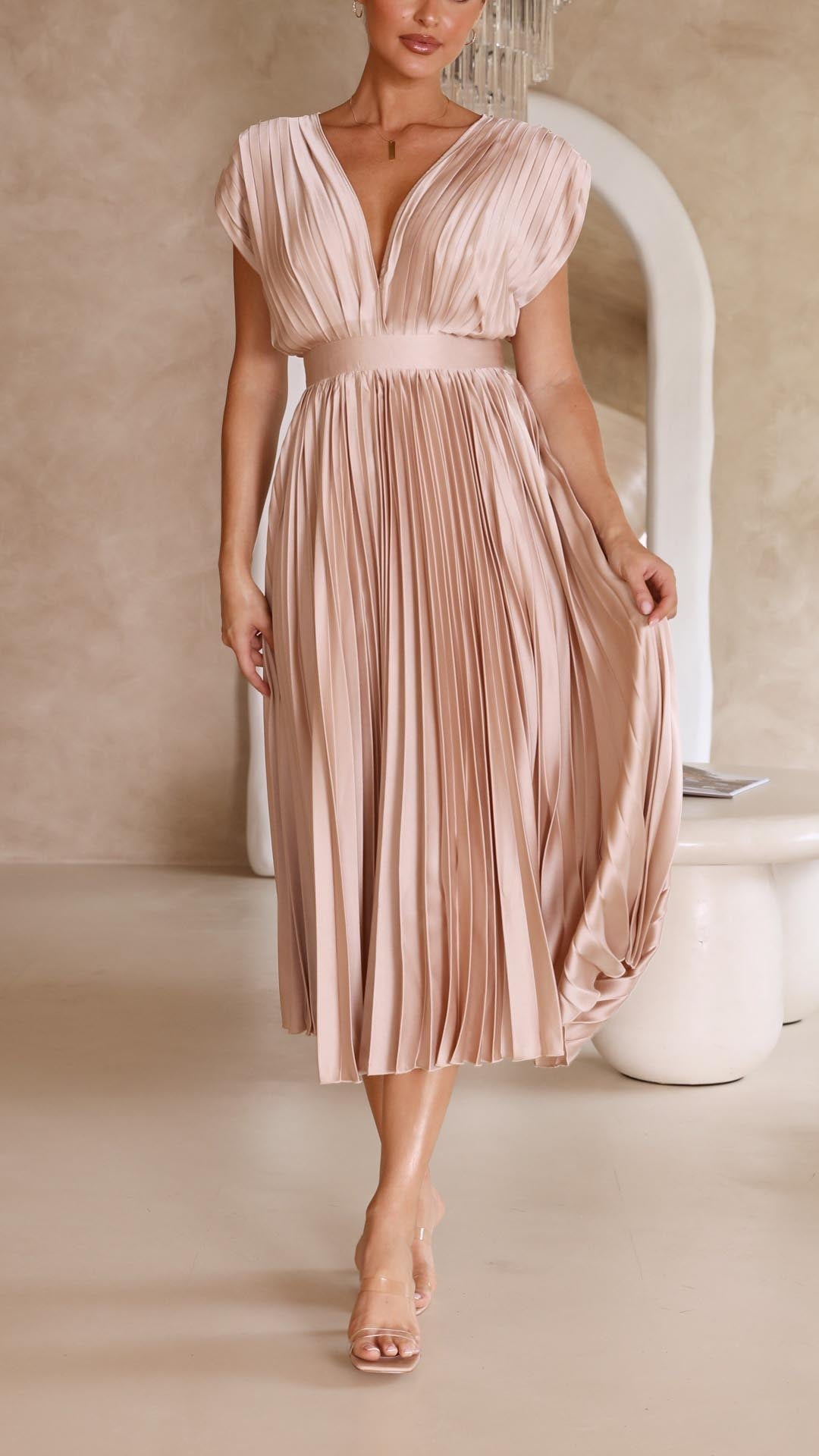 Jasmine | Women's Pleated V Neck Midi Wedding Guest Dress Luvy Boutique