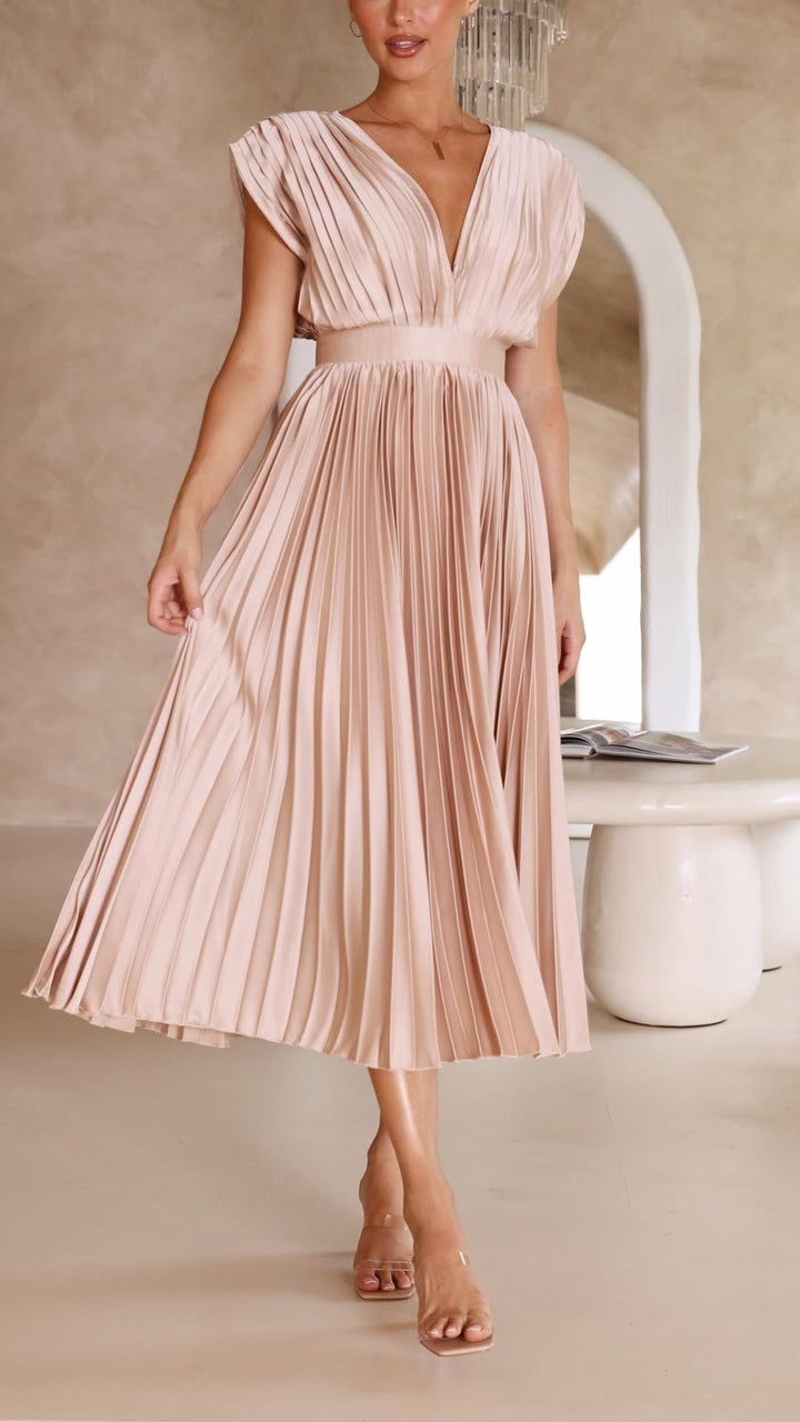 Jasmine | Women's Pleated V Neck Midi Wedding Guest Dress Luvy Boutique
