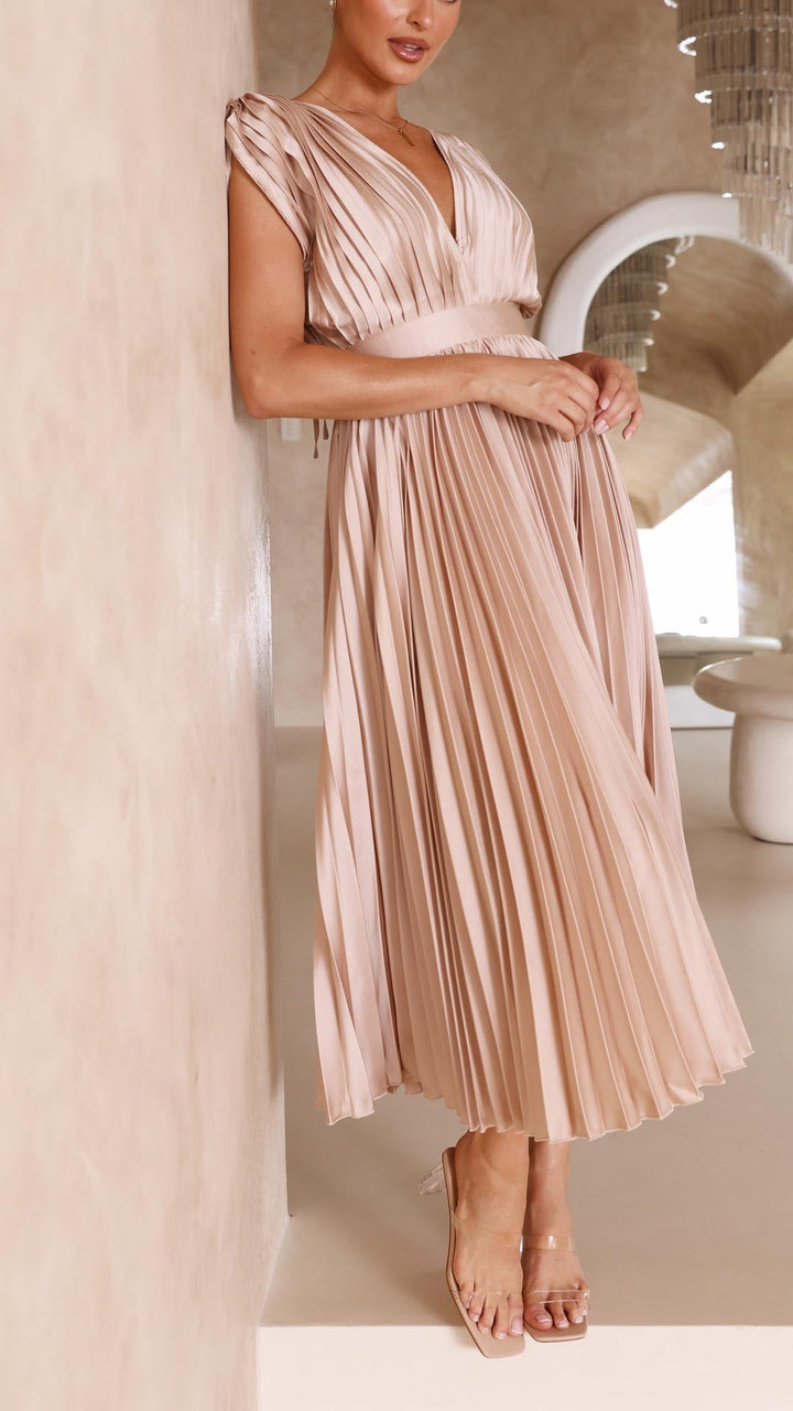 Jasmine | Women's Pleated V Neck Midi Wedding Guest Dress Luvy Boutique