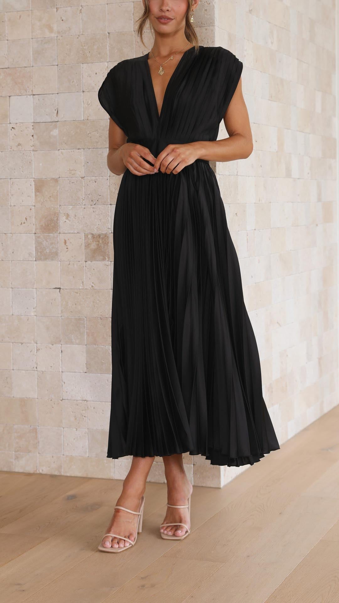 Jasmine | Women's Pleated V Neck Midi Wedding Guest Dress Luvy Boutique