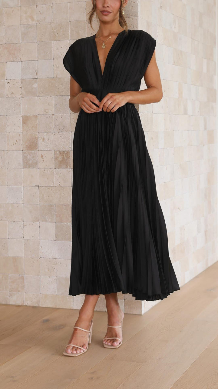 Jasmine | Women's Pleated V Neck Midi Wedding Guest Dress Luvy Boutique