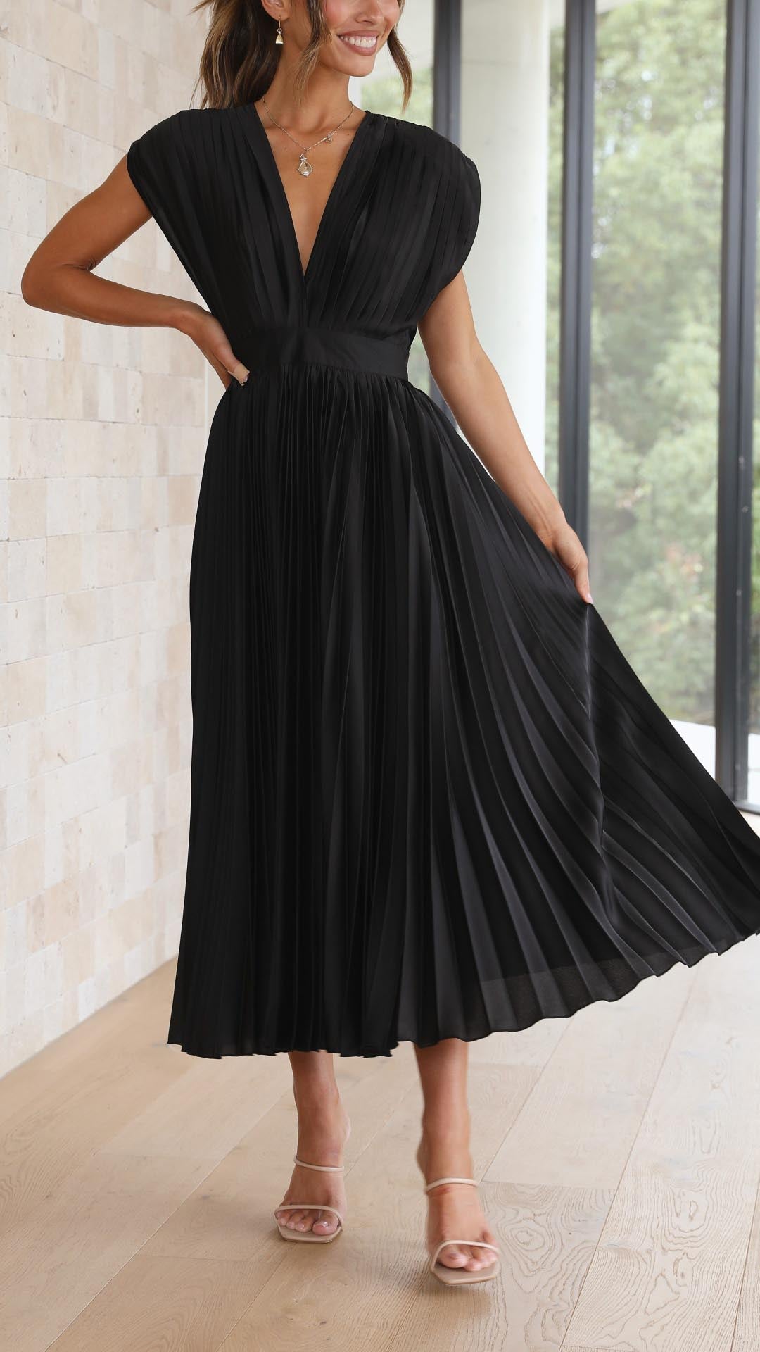 Jasmine | Women's Pleated V Neck Midi Wedding Guest Dress Luvy Boutique