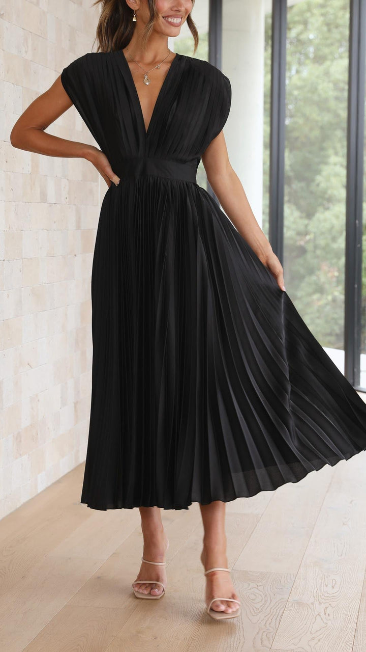 Jasmine | Women's Pleated V Neck Midi Wedding Guest Dress Luvy Boutique
