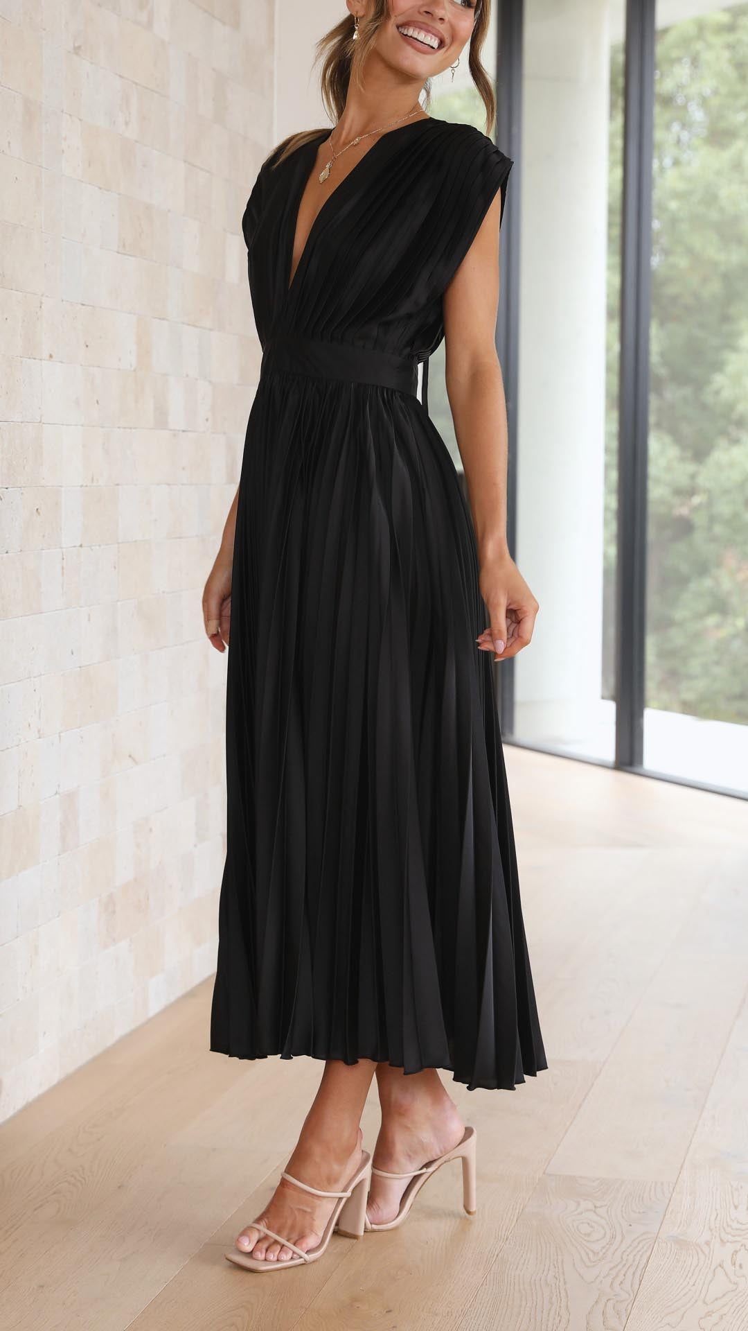 Jasmine | Women's Pleated V Neck Midi Wedding Guest Dress Luvy Boutique