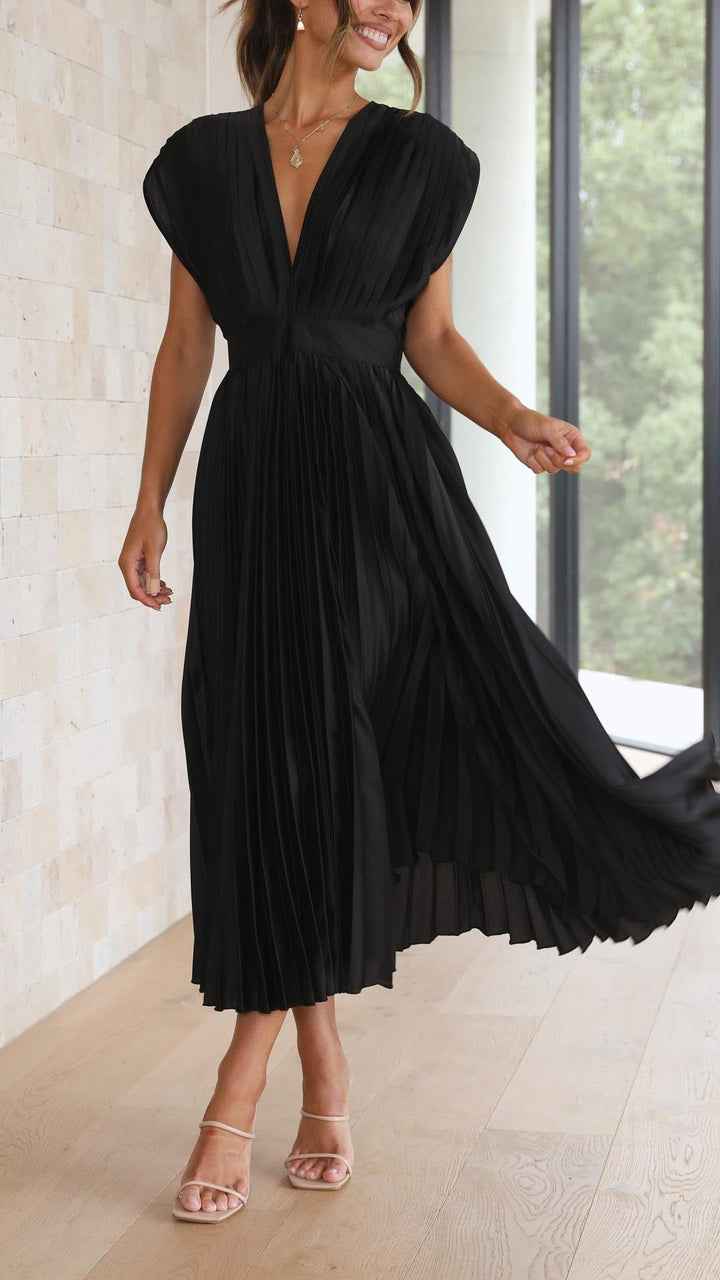 Jasmine | Women's Pleated V Neck Midi Wedding Guest Dress Luvy Boutique