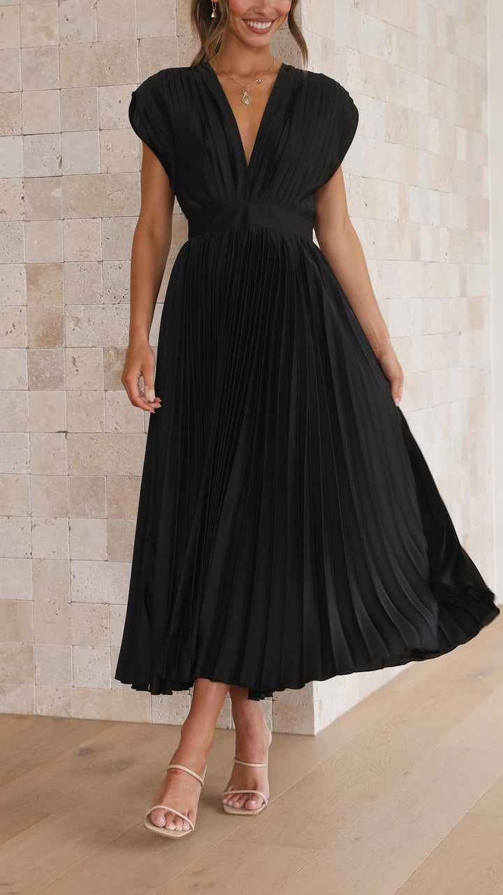 Jasmine | Women's Pleated V Neck Midi Wedding Guest Dress Luvy Boutique