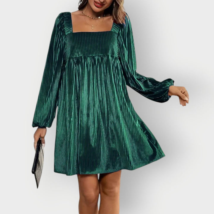 Women's Pleated Velvet Square-Neck Long-Sleeve Formal Dress - Dark Green