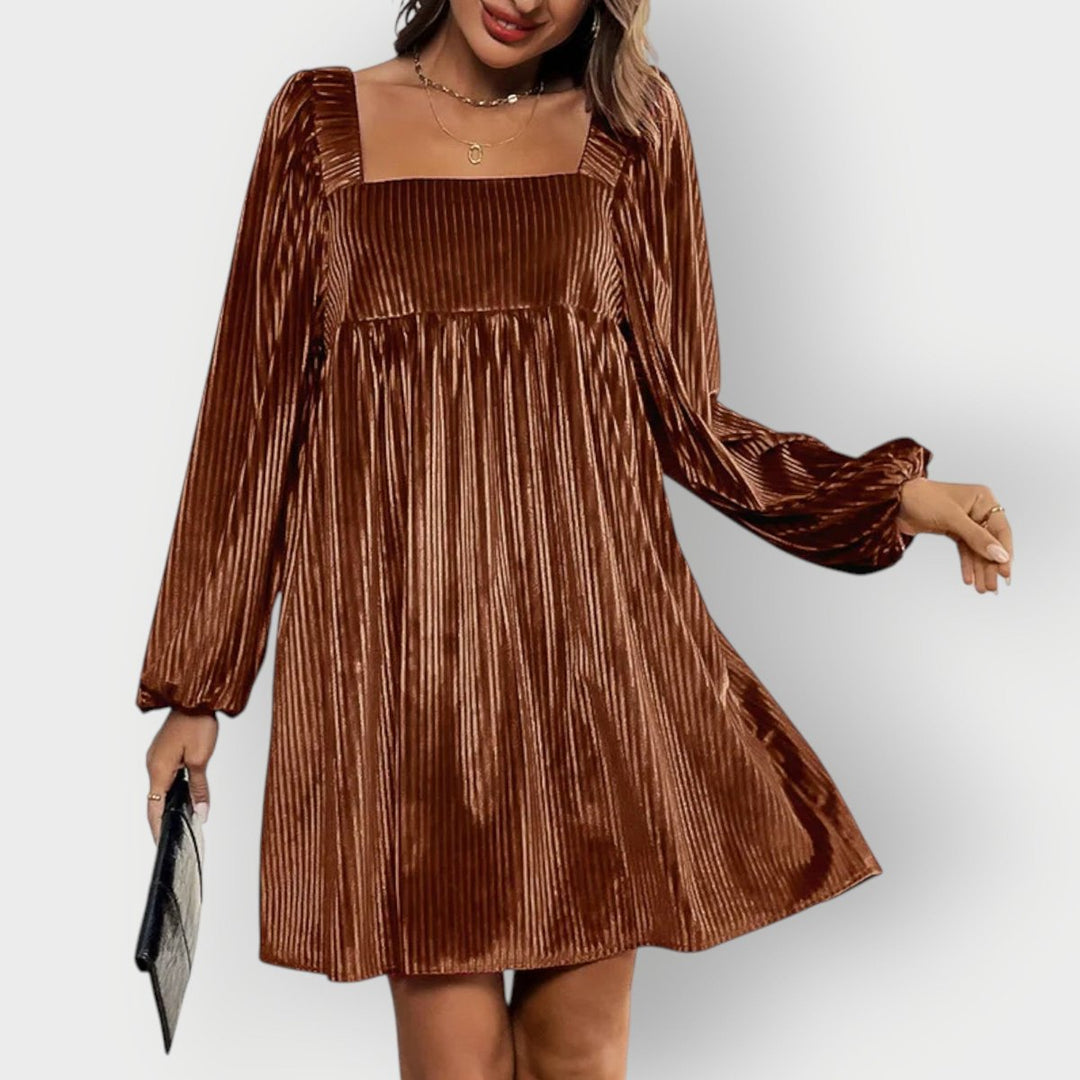 Women's Pleated Velvet Square-Neck Long-Sleeve Formal Dress - Brown