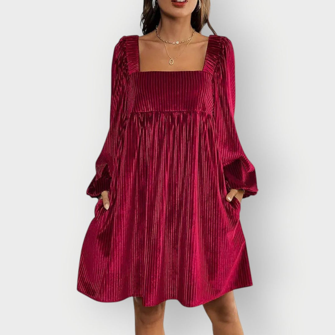 Women's Pleated Velvet Square-Neck Long-Sleeve Formal Dress