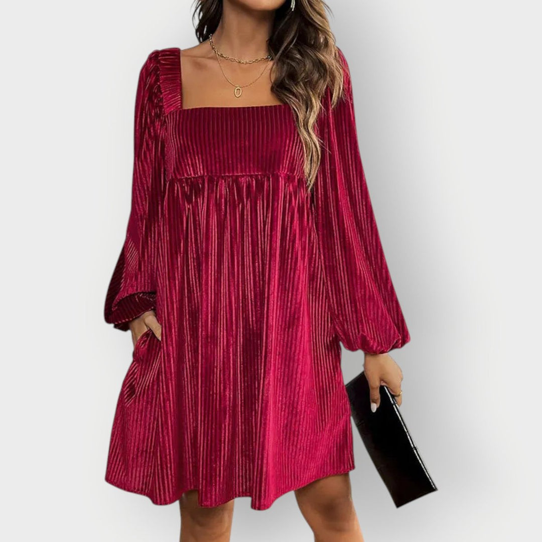 Women's Pleated Velvet Square-Neck Long-Sleeve Formal Dress